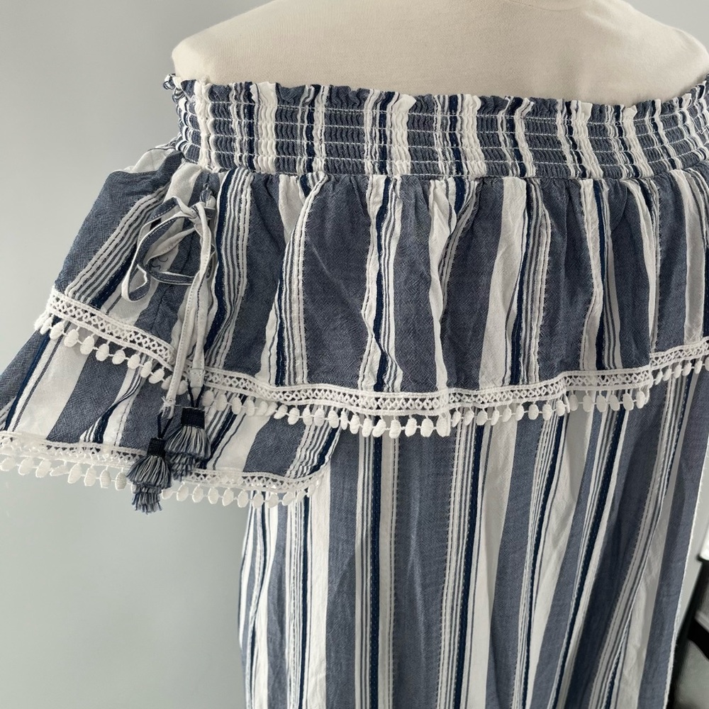 Luxology Dress Striped Off the Shoulder Short Sleeves Ruffle Coastal Nau… - Picture 8 of 13